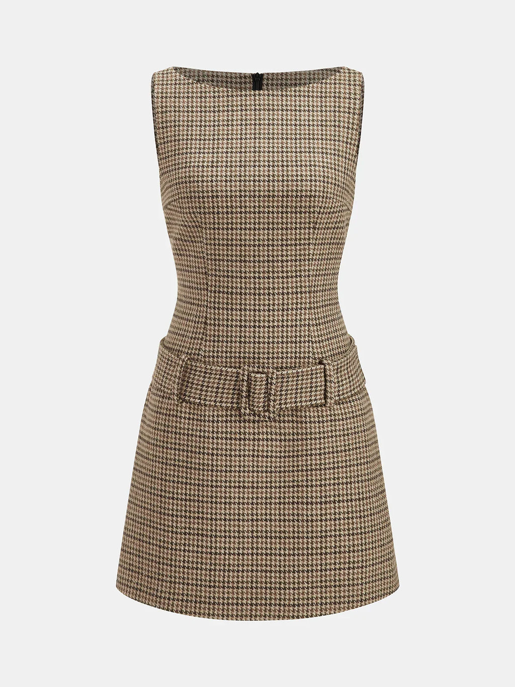 Sleeveless Belted Houndstooth Sheath Mini Dress