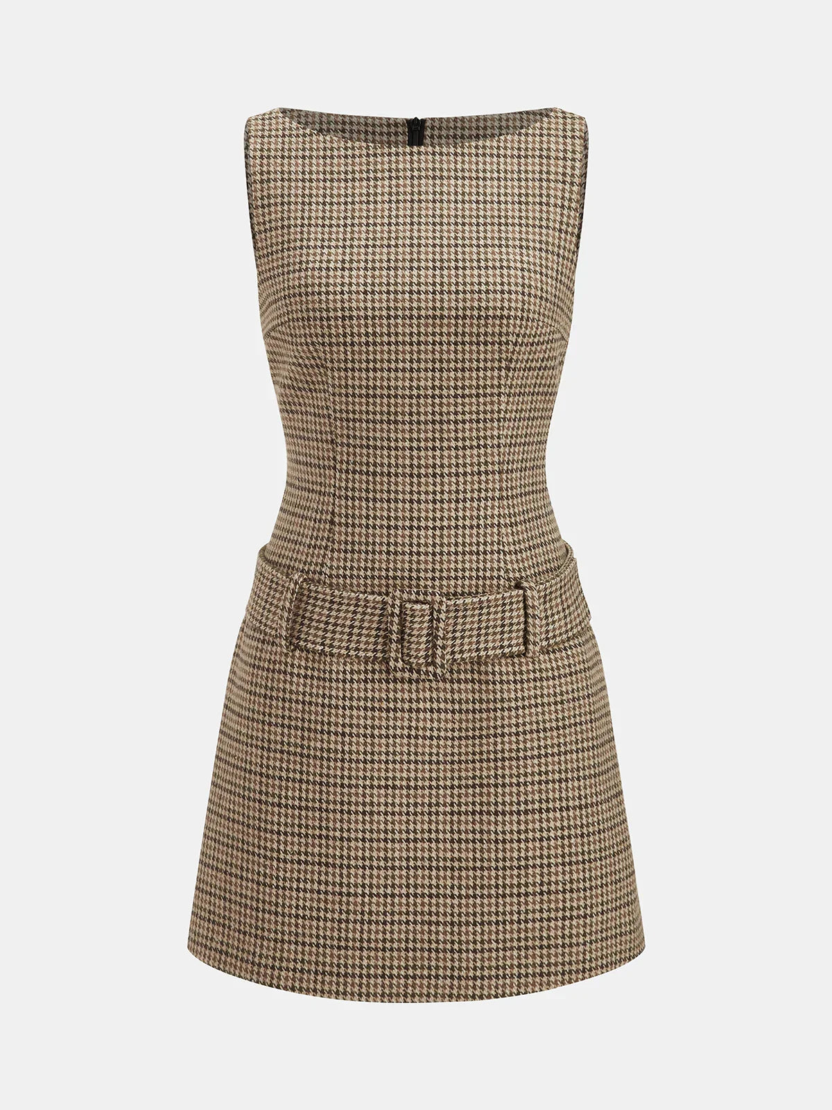 Sleeveless Belted Houndstooth Sheath Mini Dress