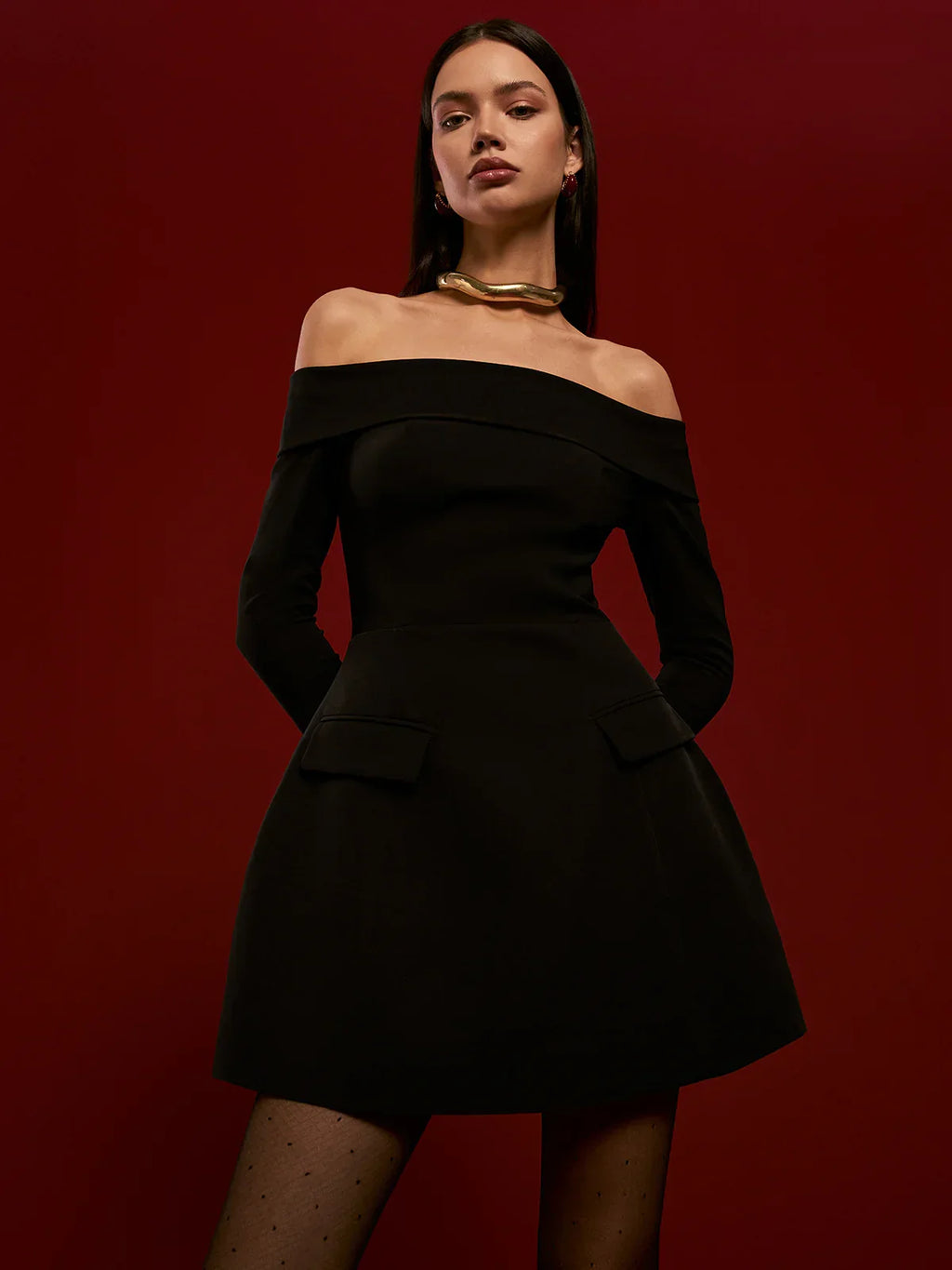 Off-Shoulder Pleated Short Dress