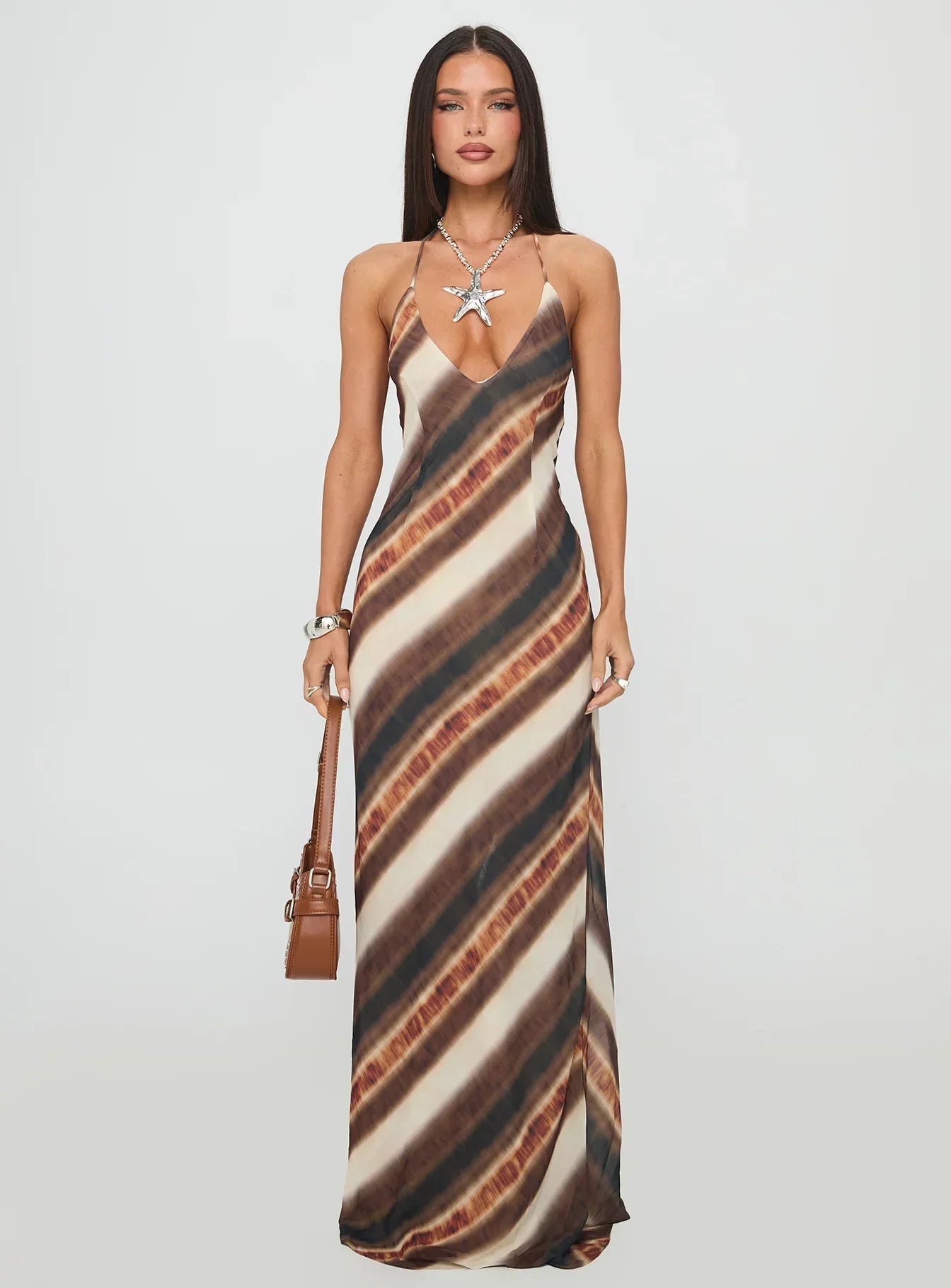 Esmira Halter Maxi Dress Brown Stripe