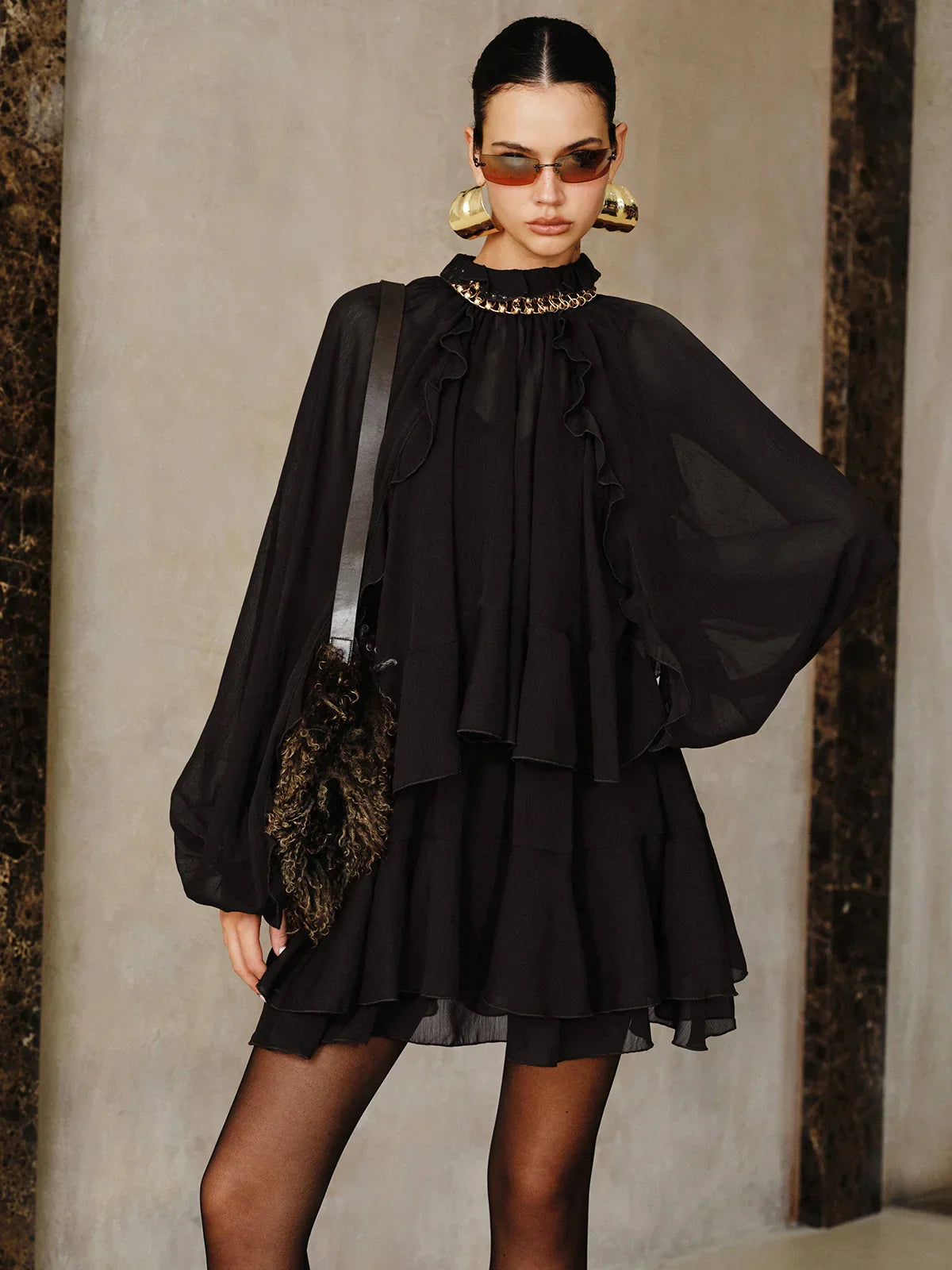 Tiered Ruffle Chiffon Mini Dress Set with Liner