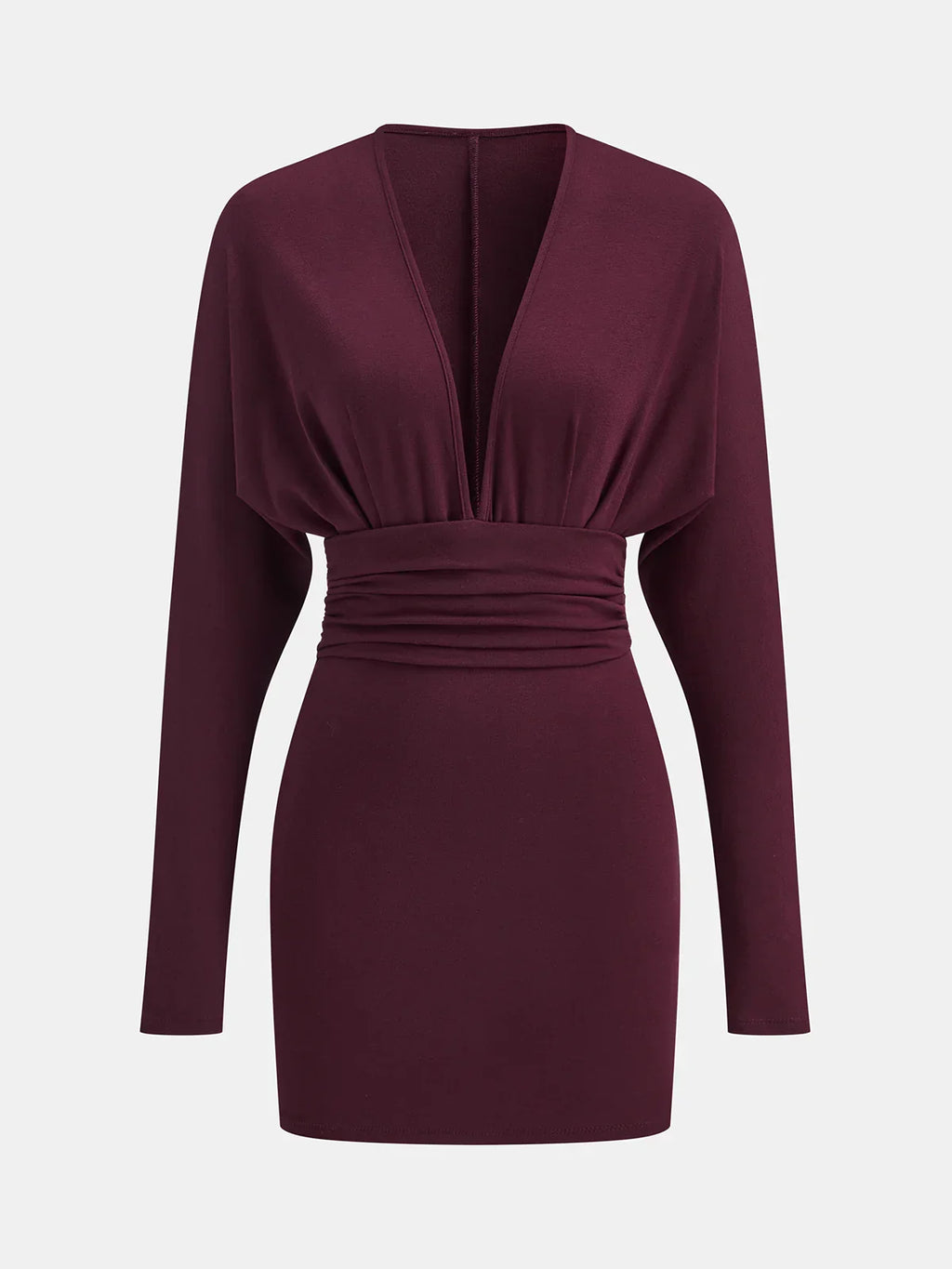 Deep V-Neck Ruched Long-Sleeve Mini Dress