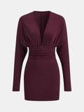 Deep V-Neck Ruched Long-Sleeve Mini Dress