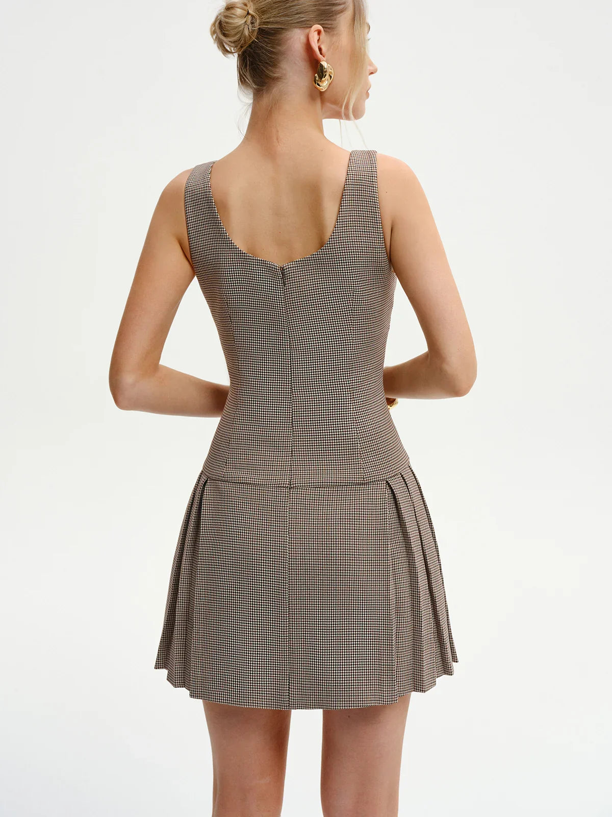 Houndstooth Square-Neck Pleated Mini Dress