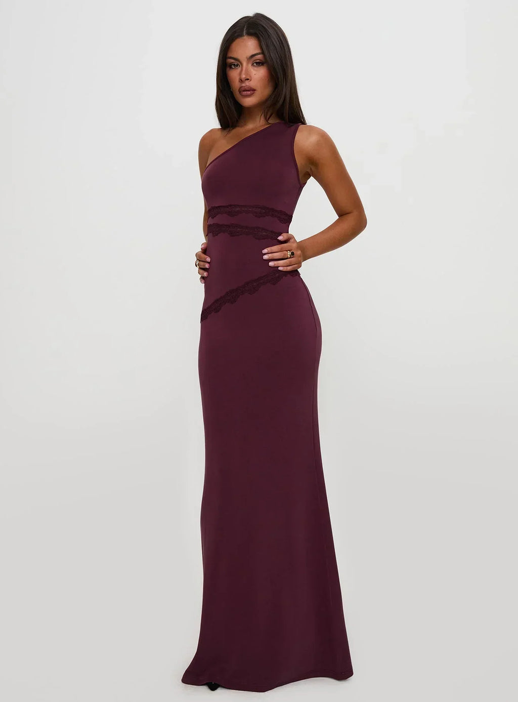 Ultraviolet One Shoulder Lace Maxi Dress Wine