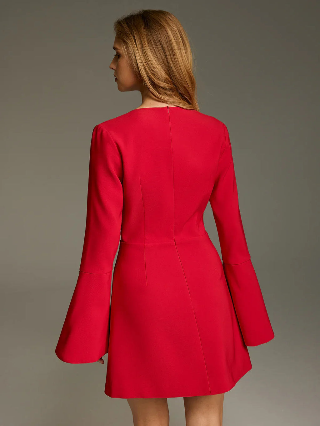 Deep V Ruched Bell-Sleeve Mini Dress