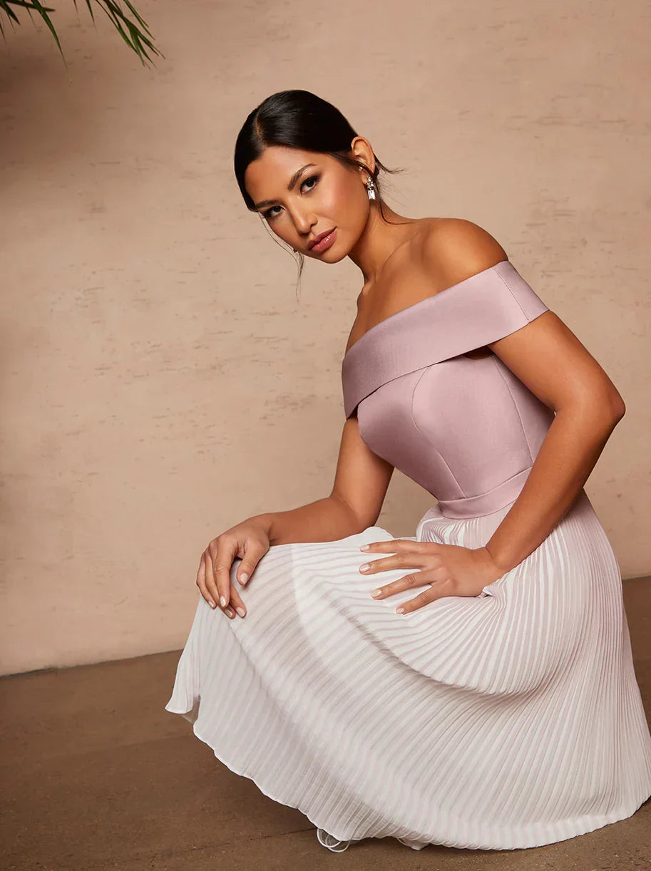 Bardot Ombre Pleated Midi Dress in Pink