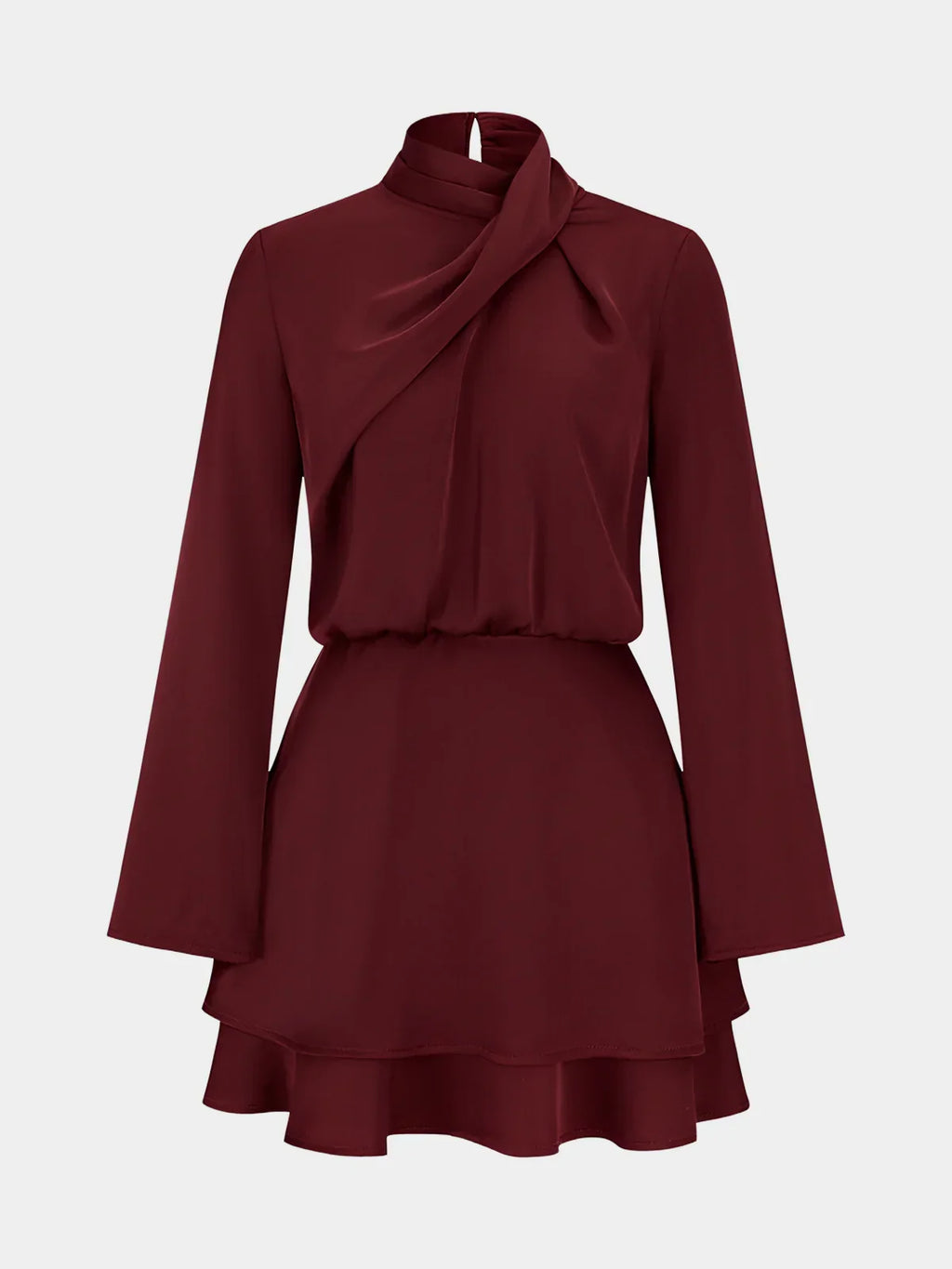 Long Sleeve Cross Neck Satin Tiered Mini Dress