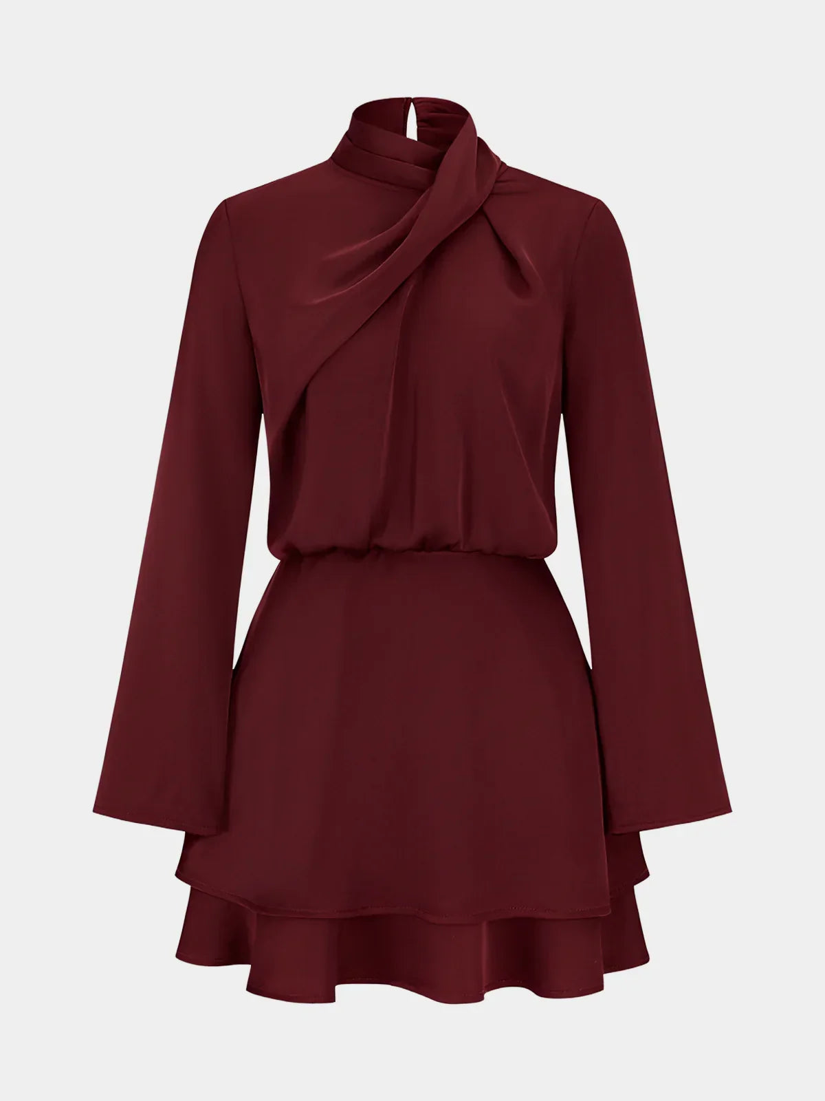 Long Sleeve Cross Neck Satin Tiered Mini Dress