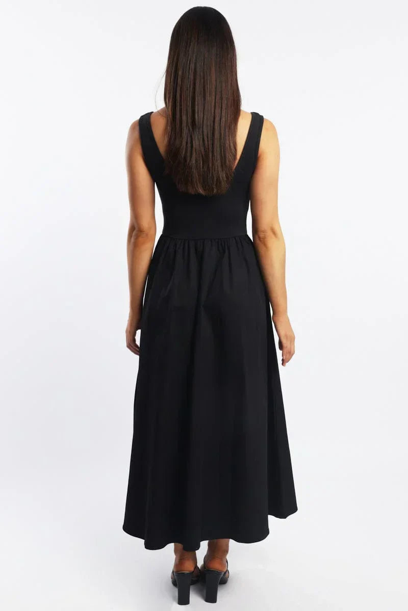 Black Midi Dress Ribbed Bodice
