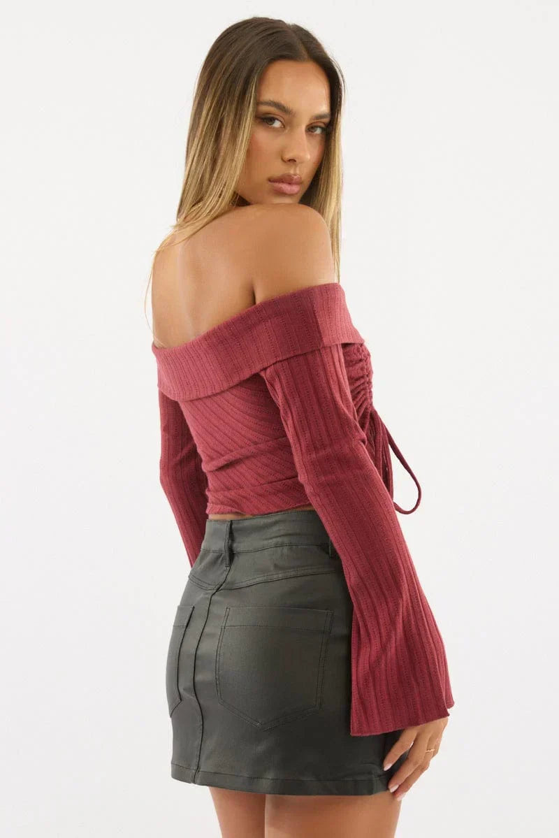 Red Off Shoulder Top Long Sleeve Ruched