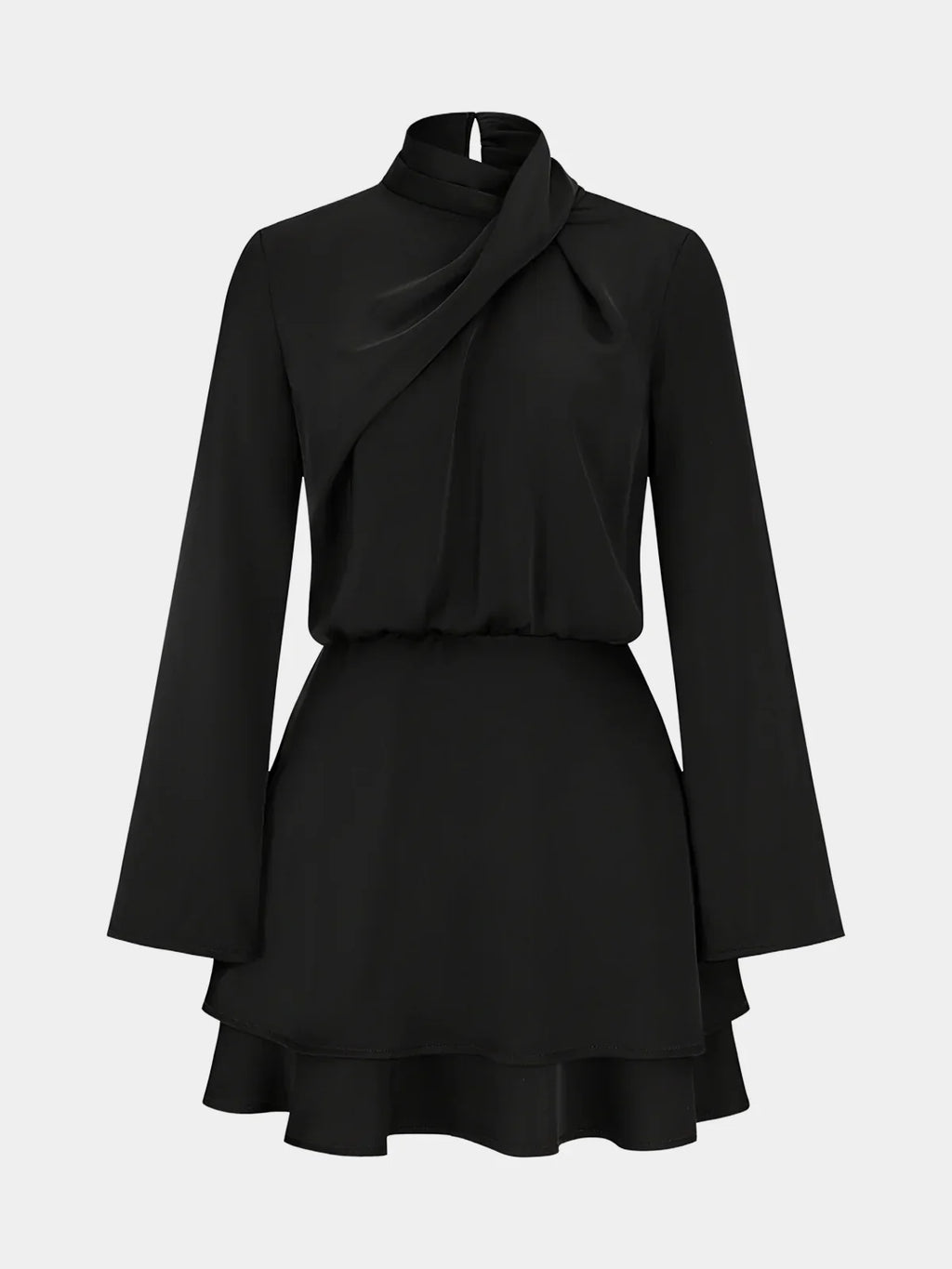 Long Sleeve Cross Neck Satin Tiered Mini Dress