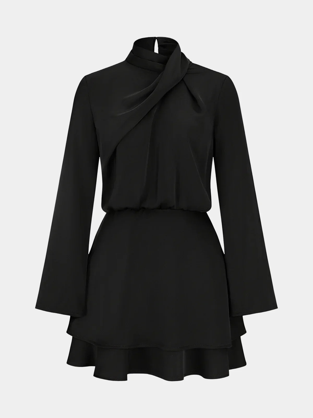 Long Sleeve Cross Neck Satin Tiered Mini Dress