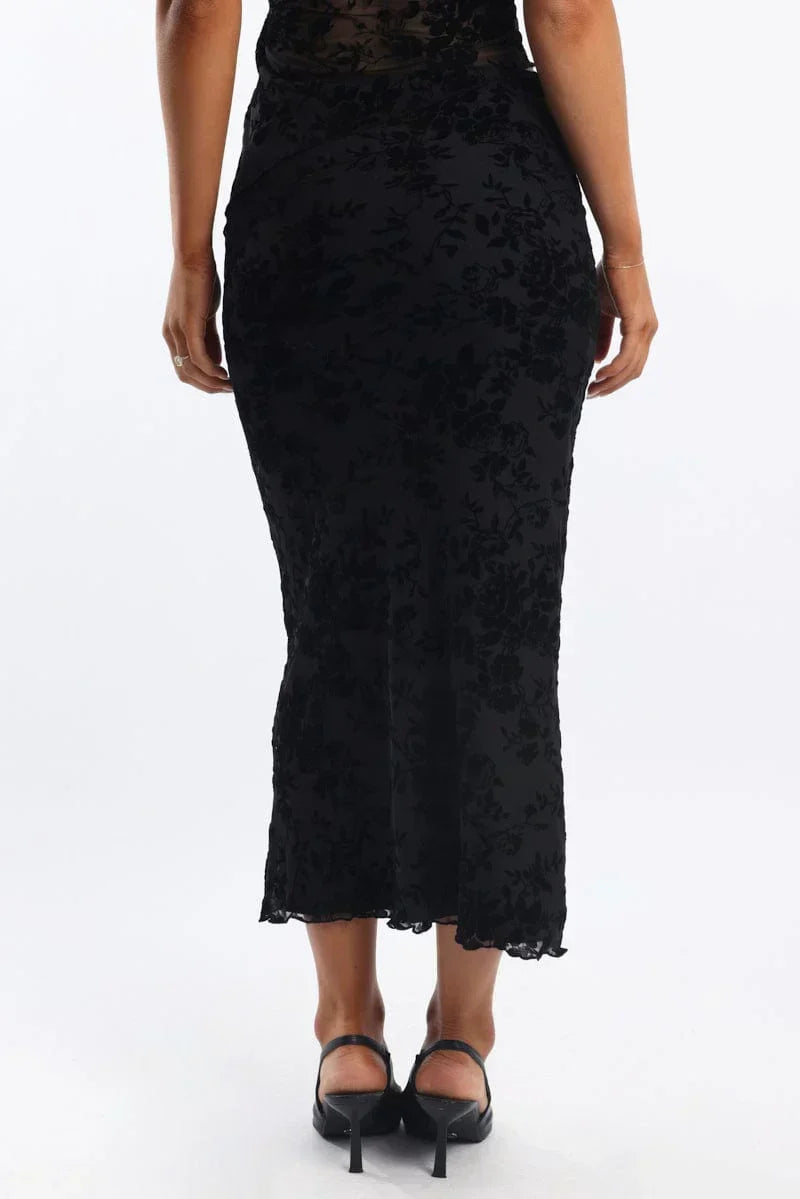 Black Floral Burnout Skirt Elasticated Picot Trim Midaxi