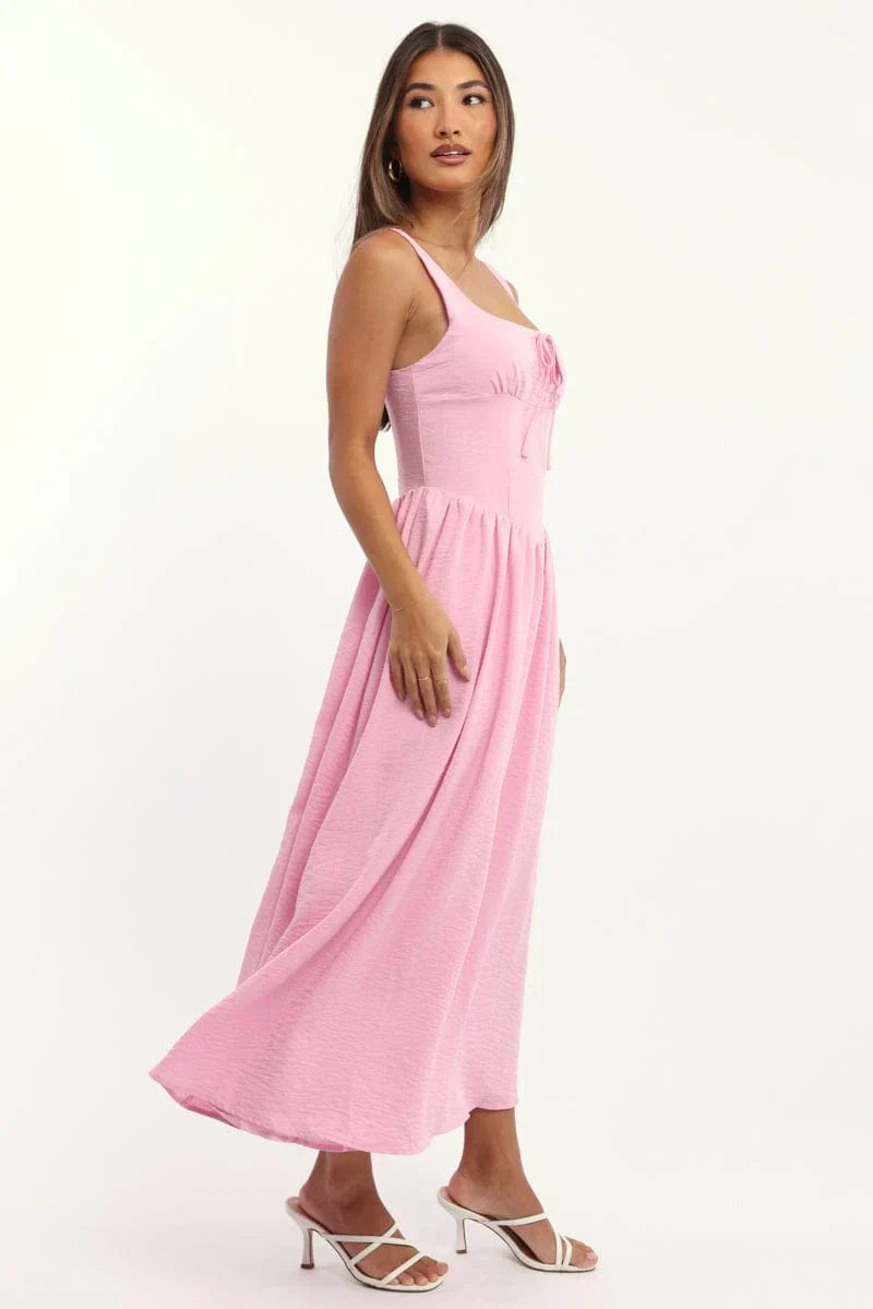 Pink Midi Dress Gathered Bust