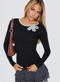Double Back Floral Cut Out Long Sleeve Top Black