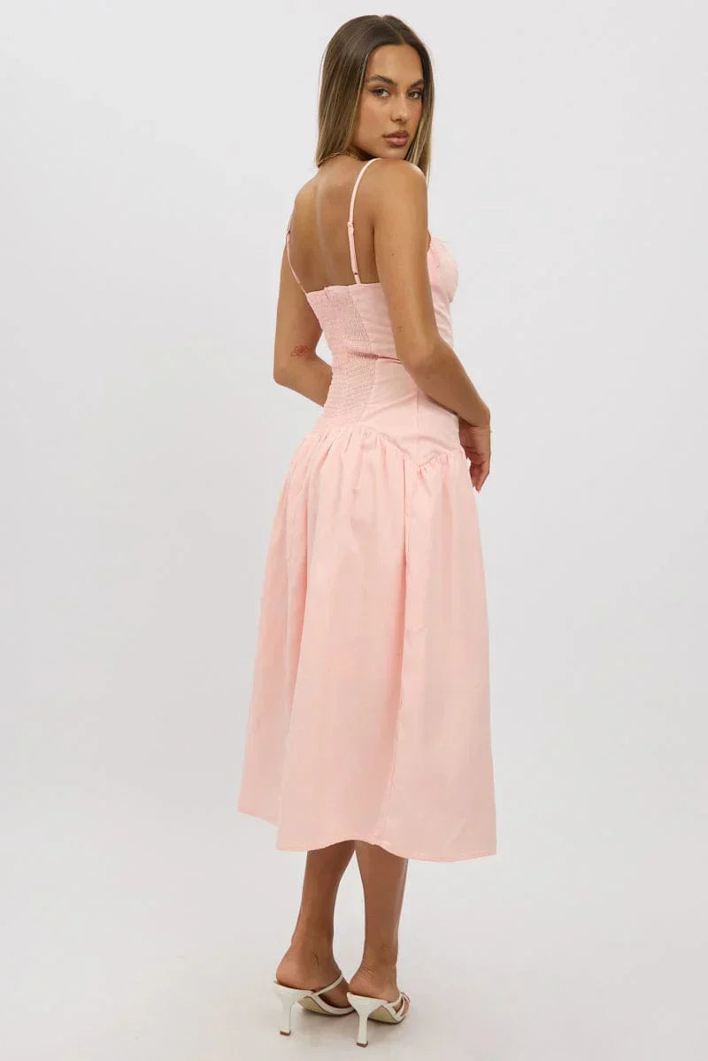 Pink Midi Dress Drop Waist