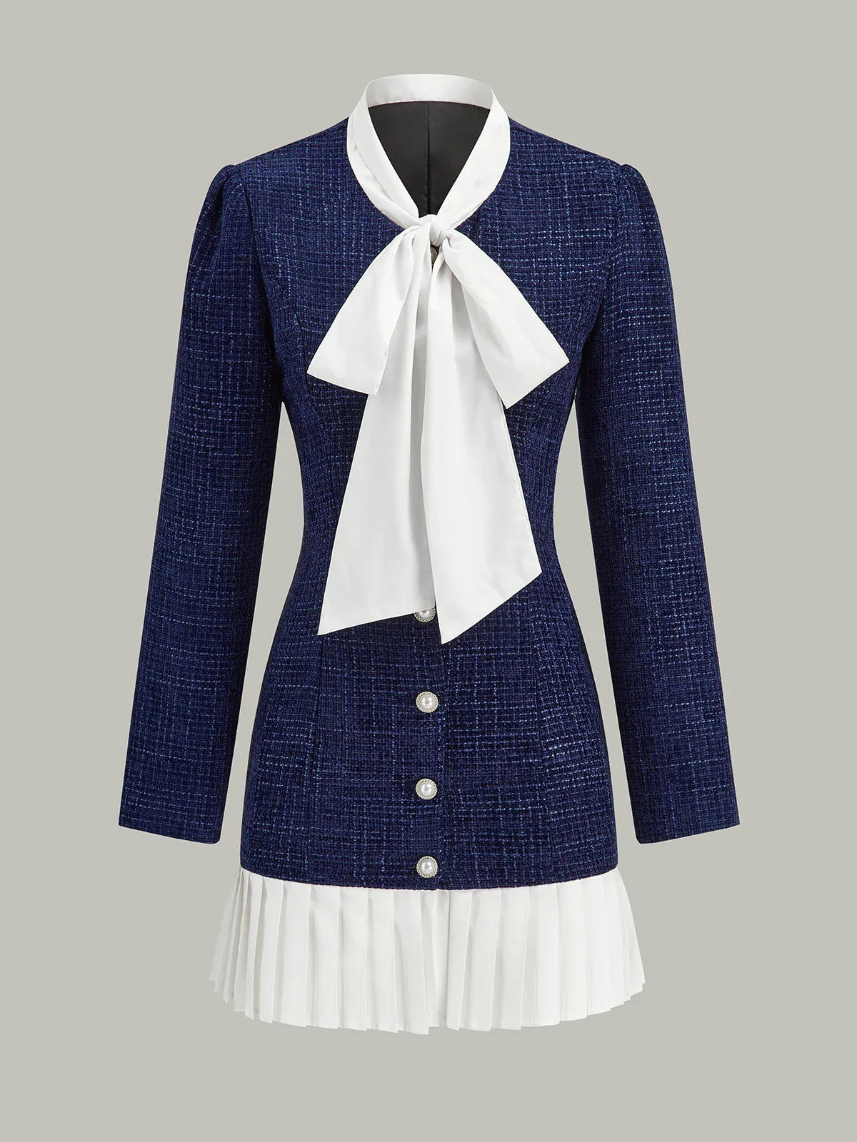 Pleated Hem Bow Neckline Tweed Mini Dress