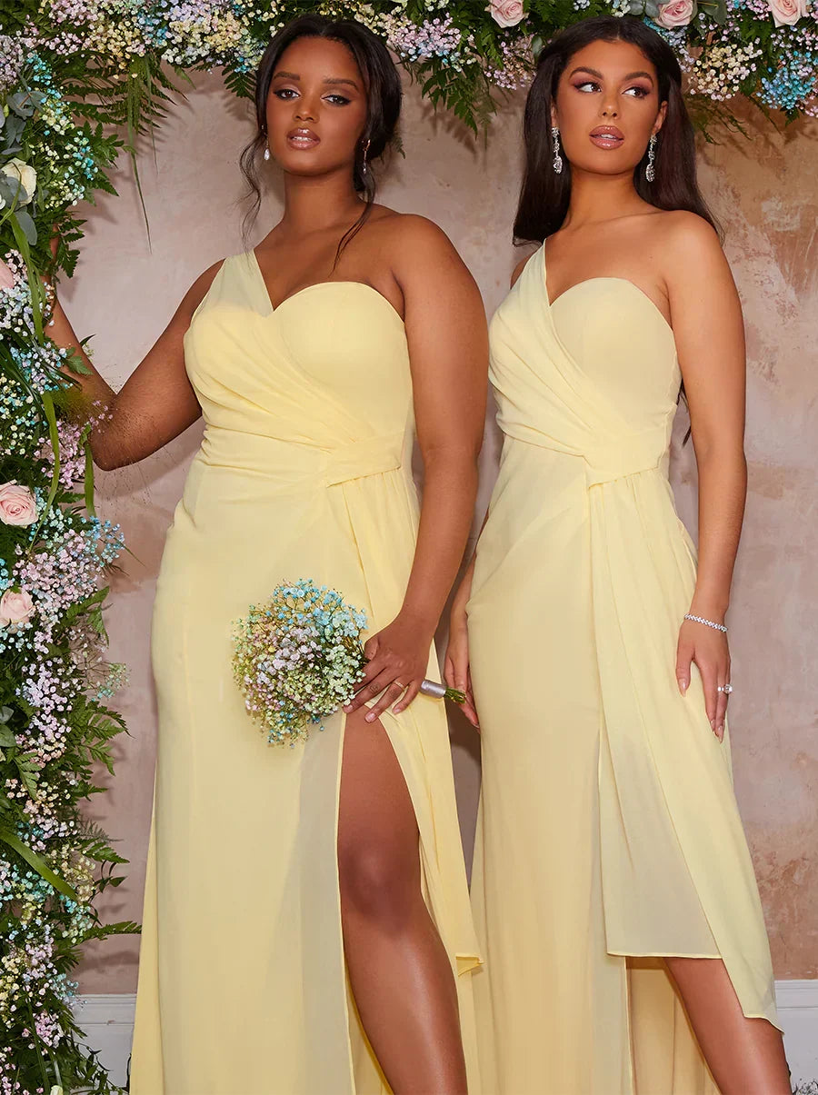 One Shoulder Satin Finish Maxi Dress in Yellow