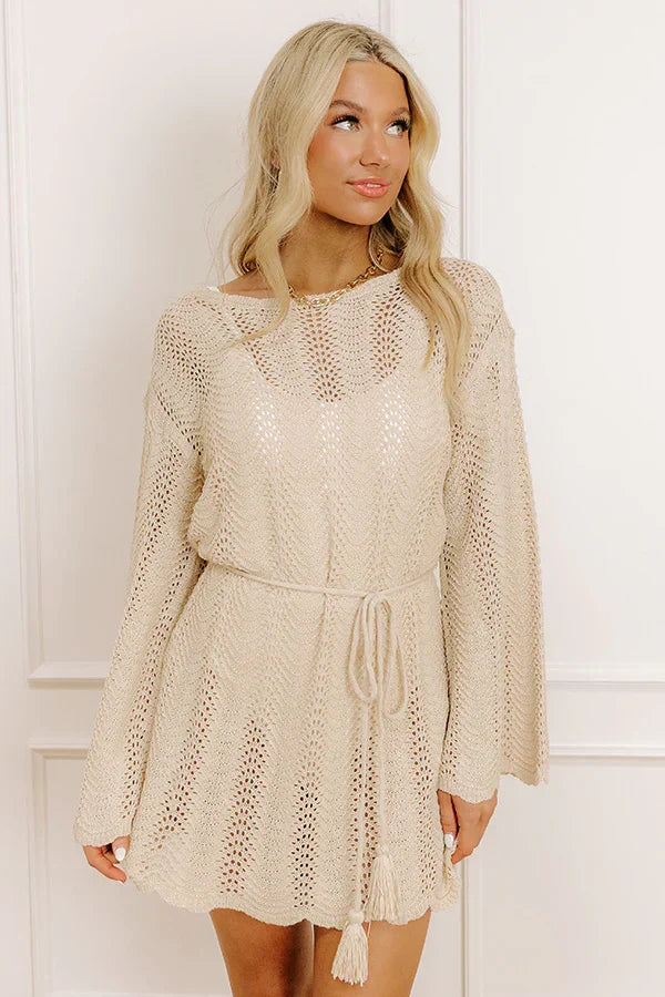 Oceanside Dreaming Pointelle Knit Mini Dress in Oatmeal