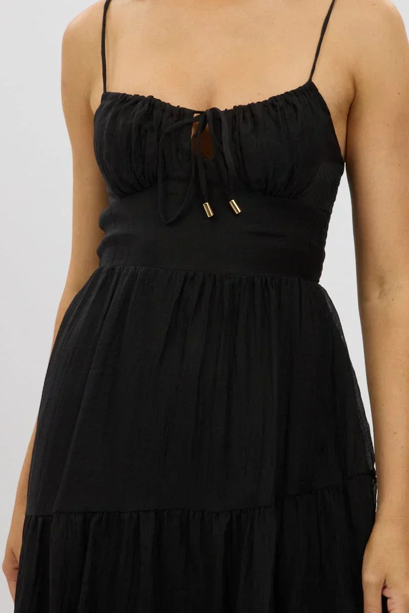 Black Midi Dress Tiered Strappy