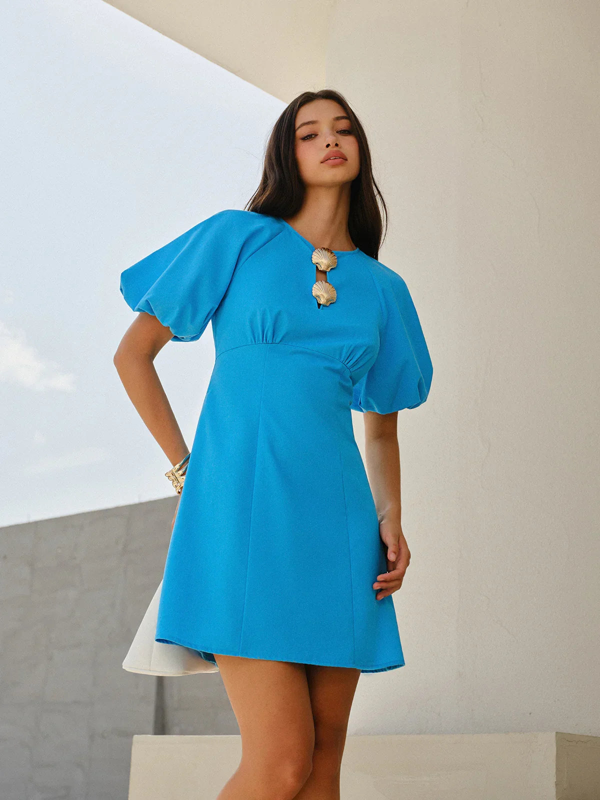 Buttoned Puff-Sleeve Round Neck Mini Dress