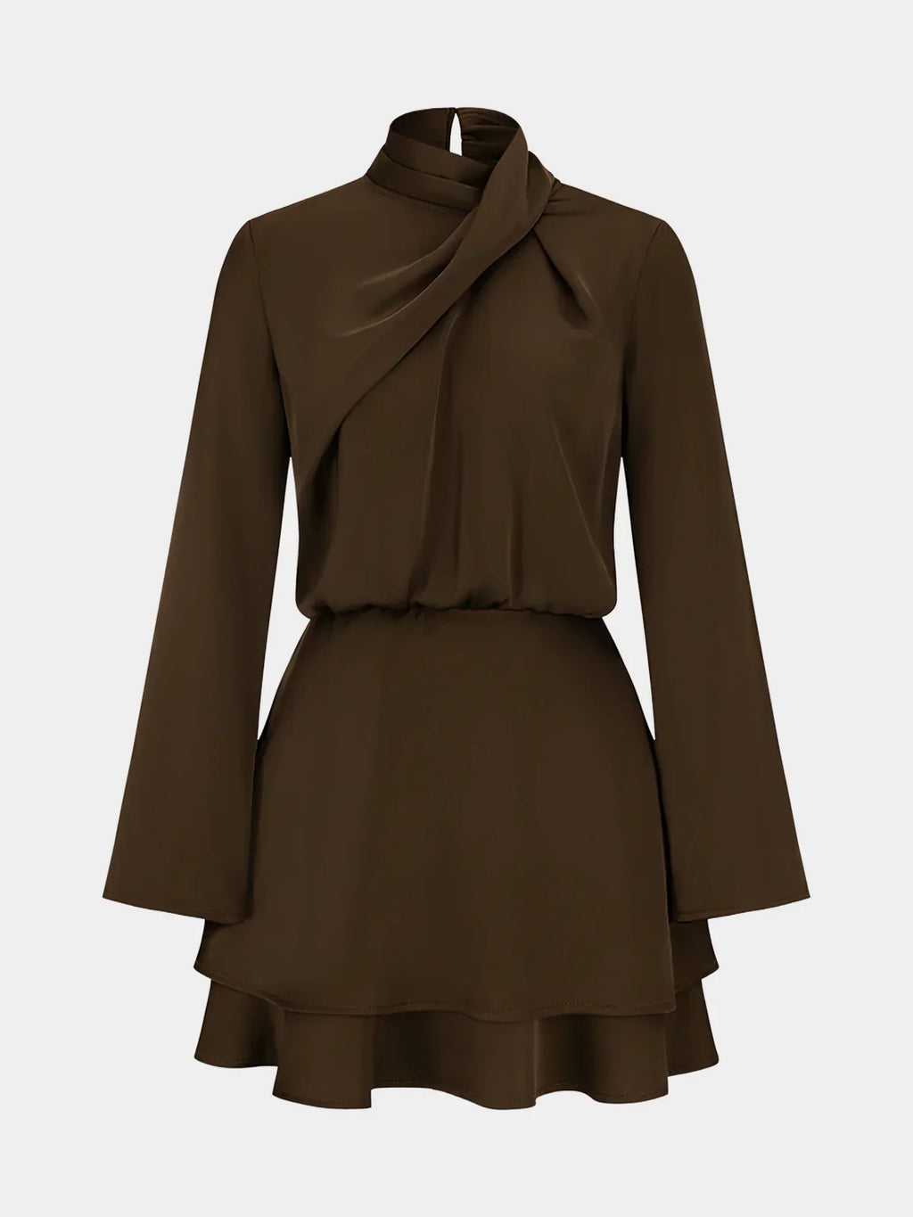 Long Sleeve Cross Neck Satin Tiered Mini Dress