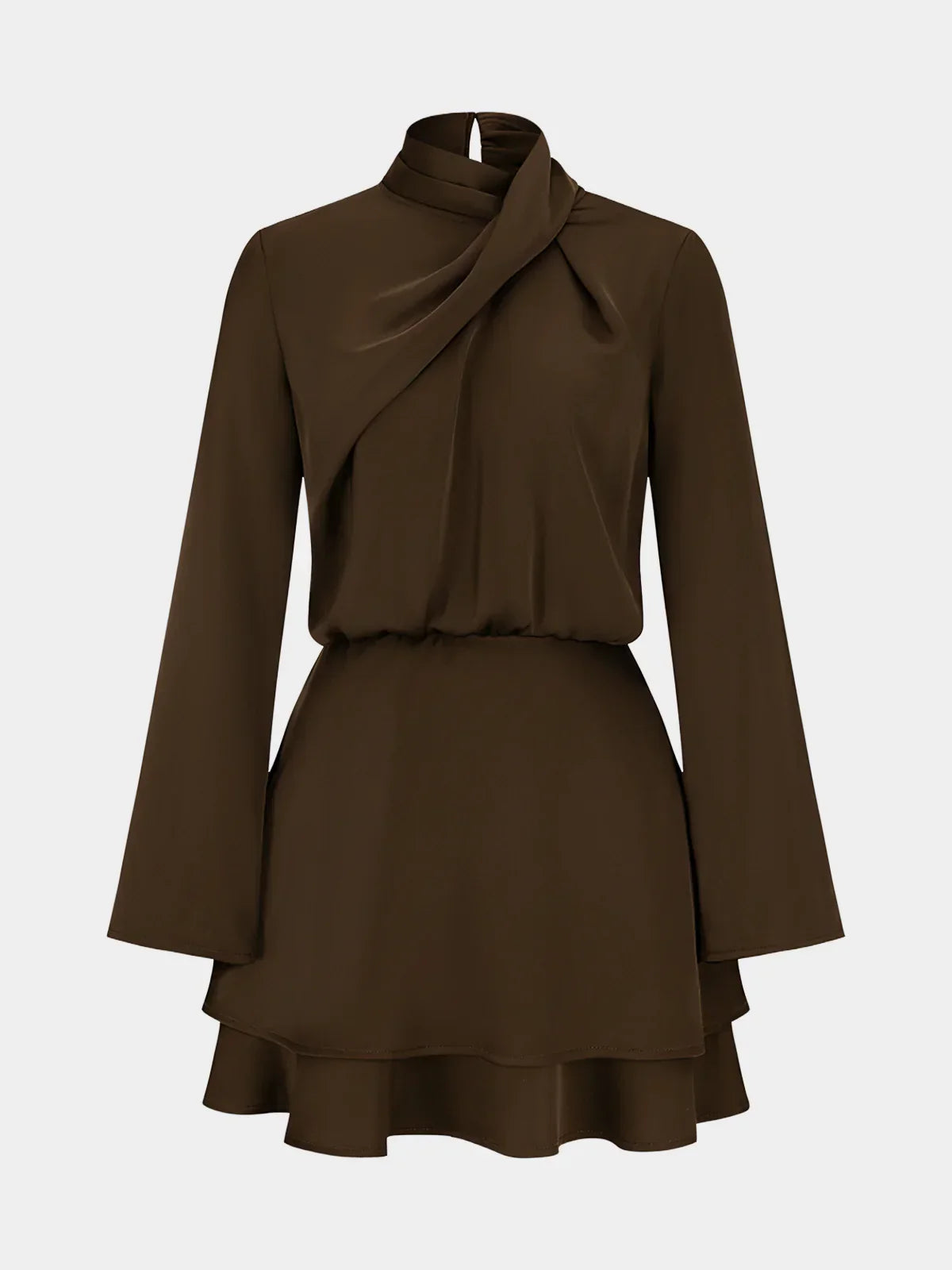 Long Sleeve Cross Neck Satin Tiered Mini Dress