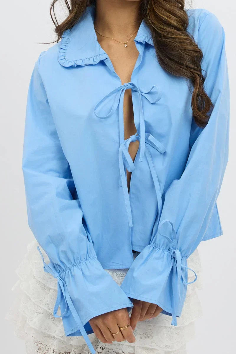 Blue Tie Up Shirt Long Sleeve Peter Pan Collar