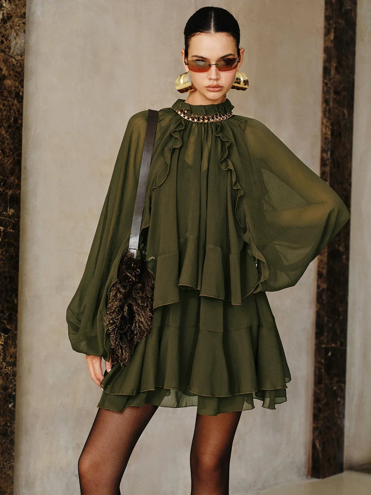 Tiered Ruffle Chiffon Mini Dress Set with Liner