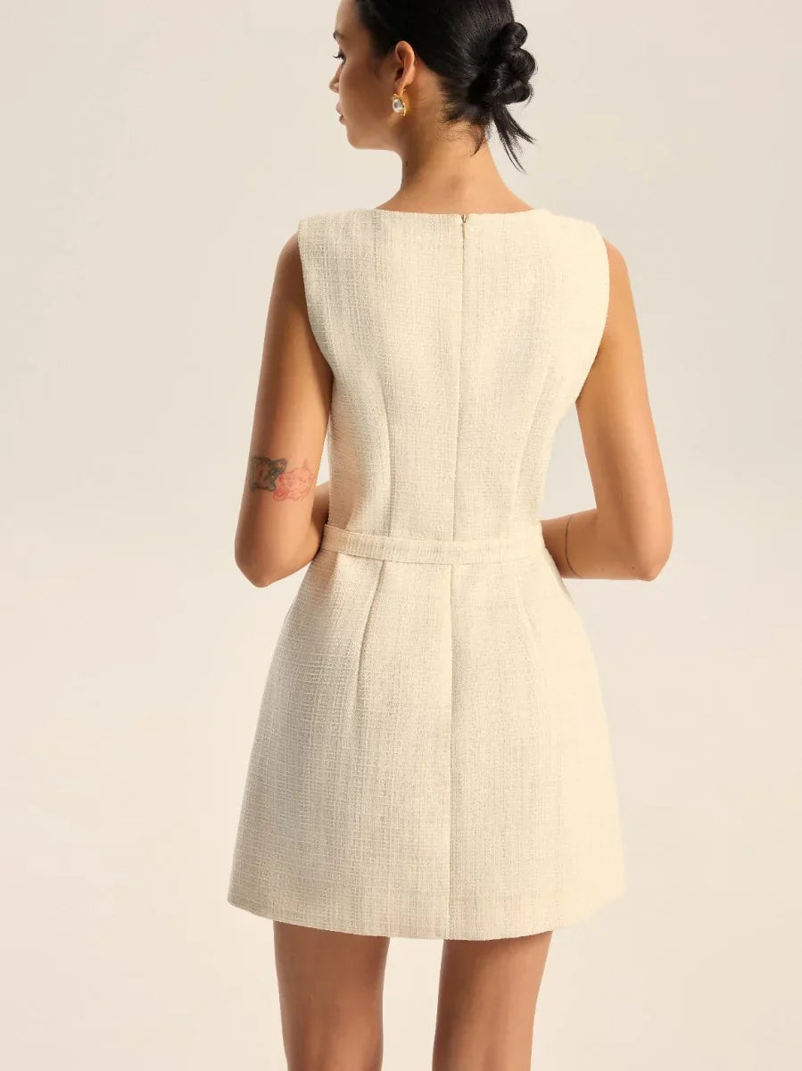 Tweed Slit Mini Dress with Detachable Belt