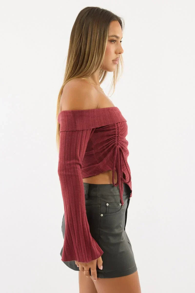 Red Off Shoulder Top Long Sleeve Ruched