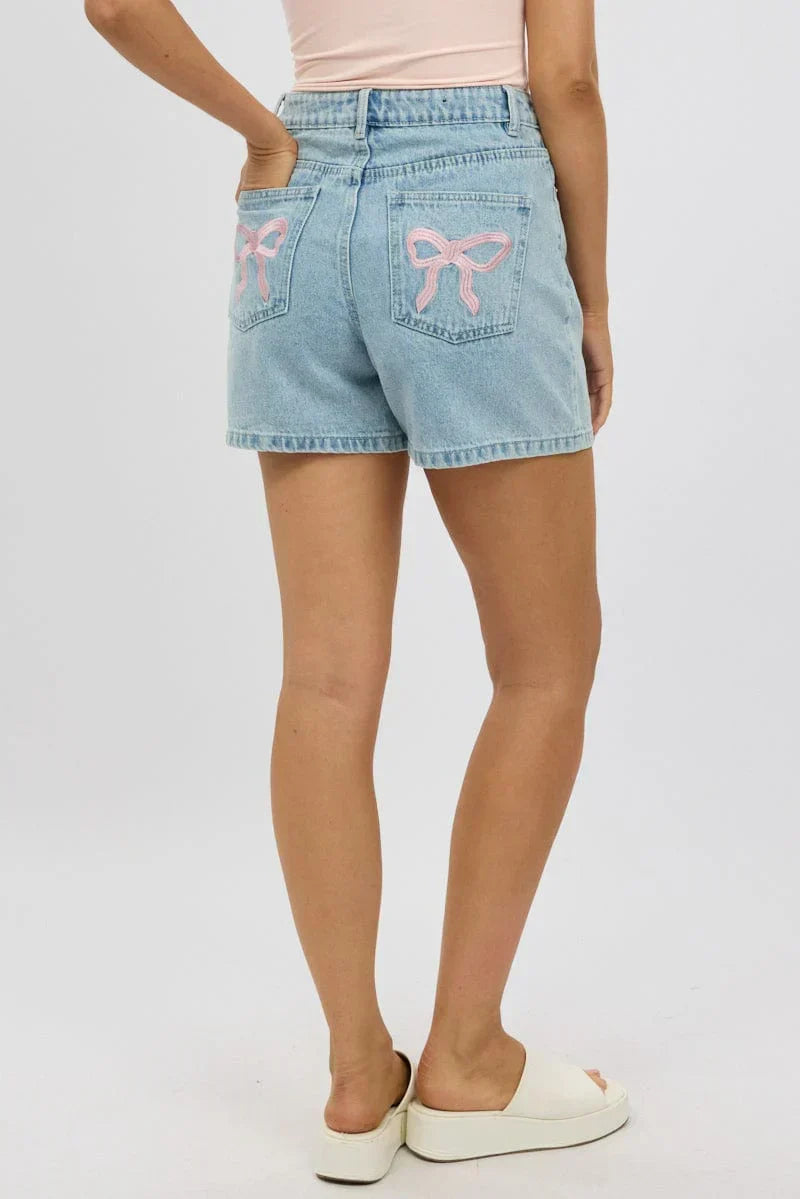 Denim Relaxed Shorts Mid Rise Bow Tie