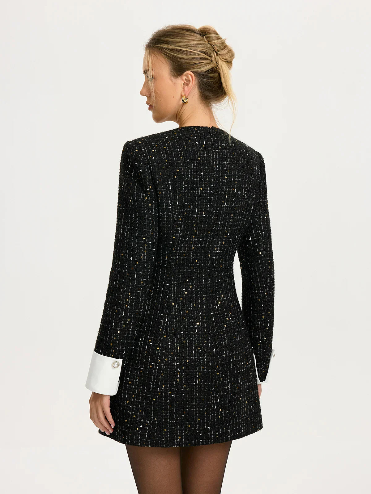 Contrast Cuff Tweed Mini Dress