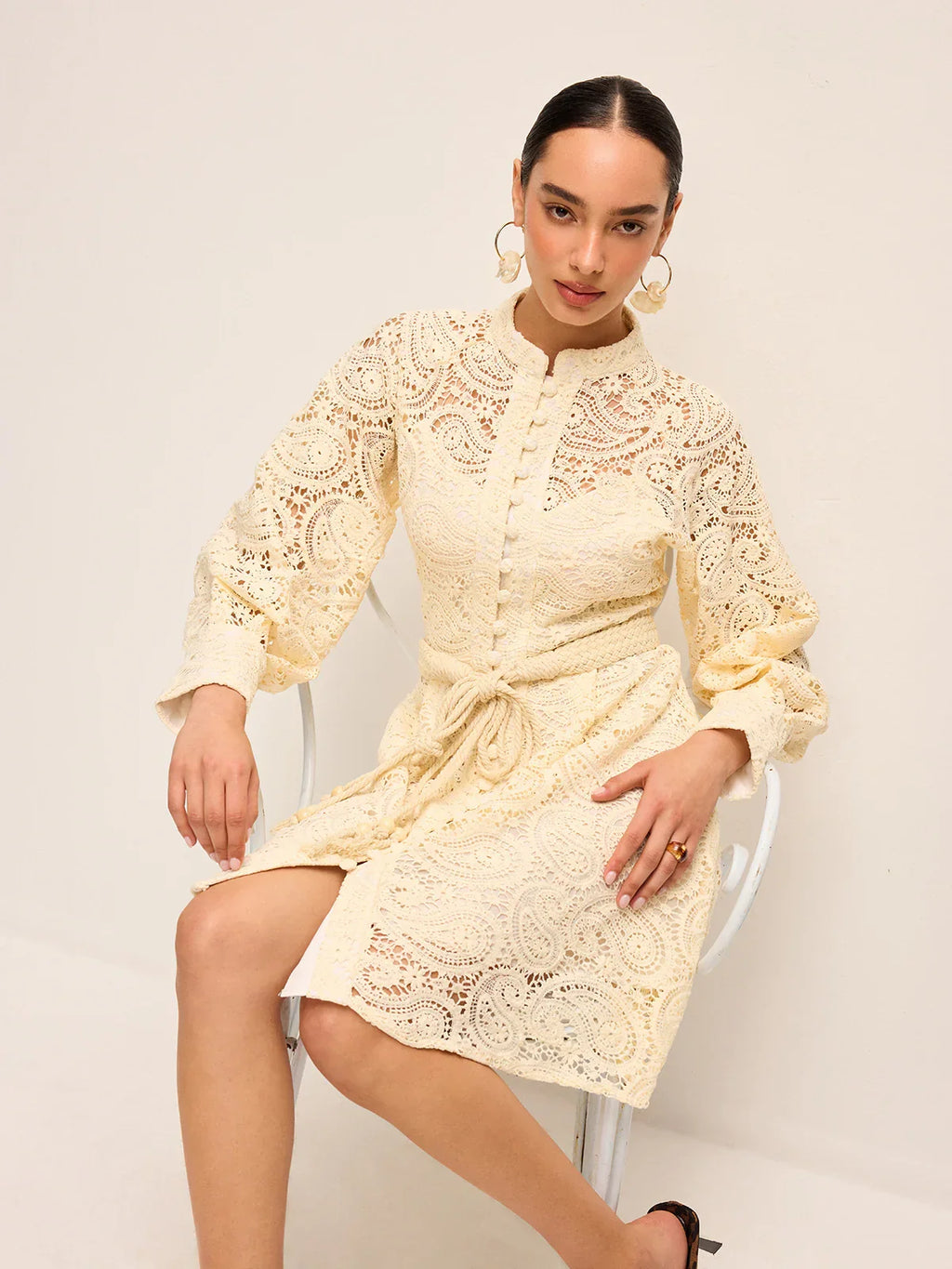 Semi-Sheer Lace Belted Dress