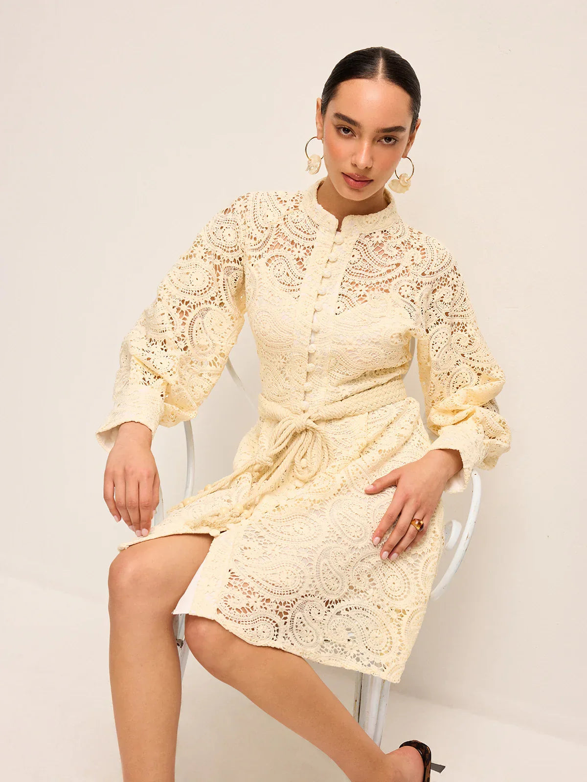 Semi-Sheer Lace Belted Dress