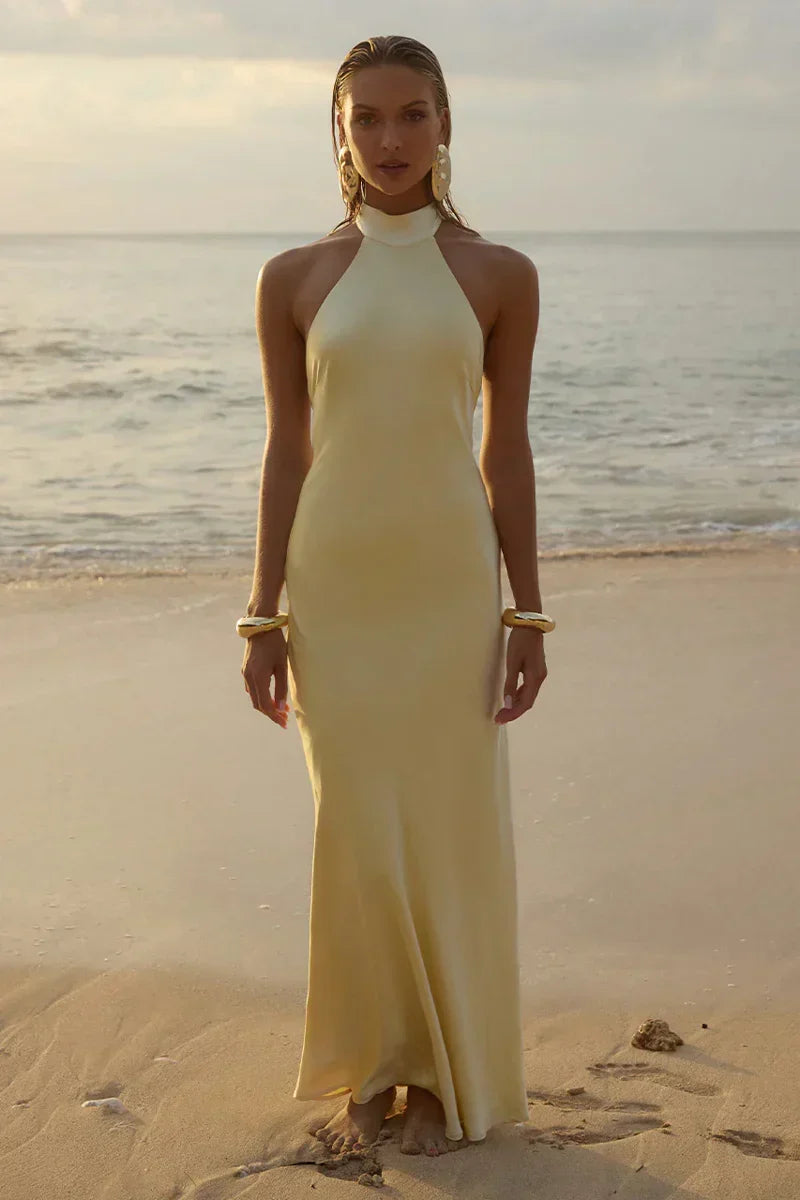 Brigitte Halter Neck Open Back Satin Maxi Dress