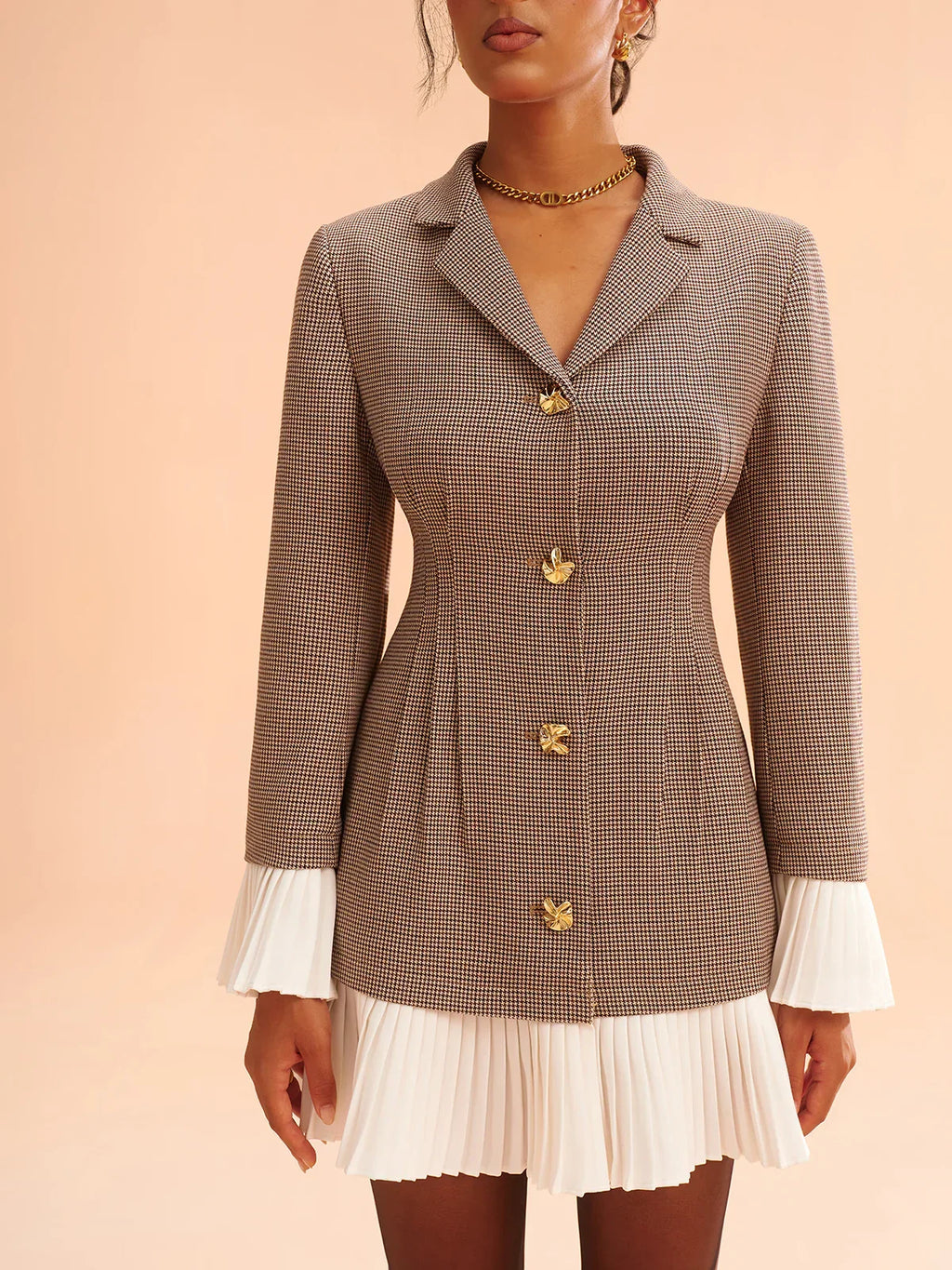 Pleated Hem Panel Houndstooth Blazer Dress