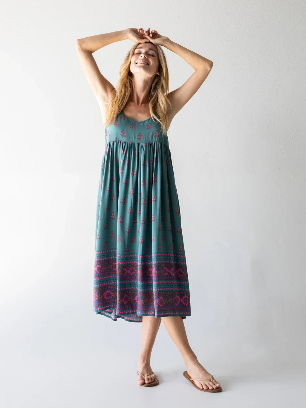 Gigi Midi Dress - Teal Floral Border
