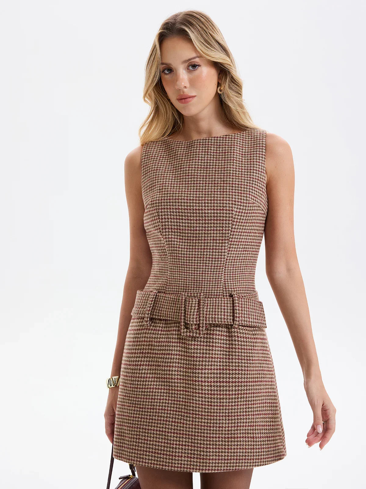 Sleeveless Belted Houndstooth Sheath Mini Dress