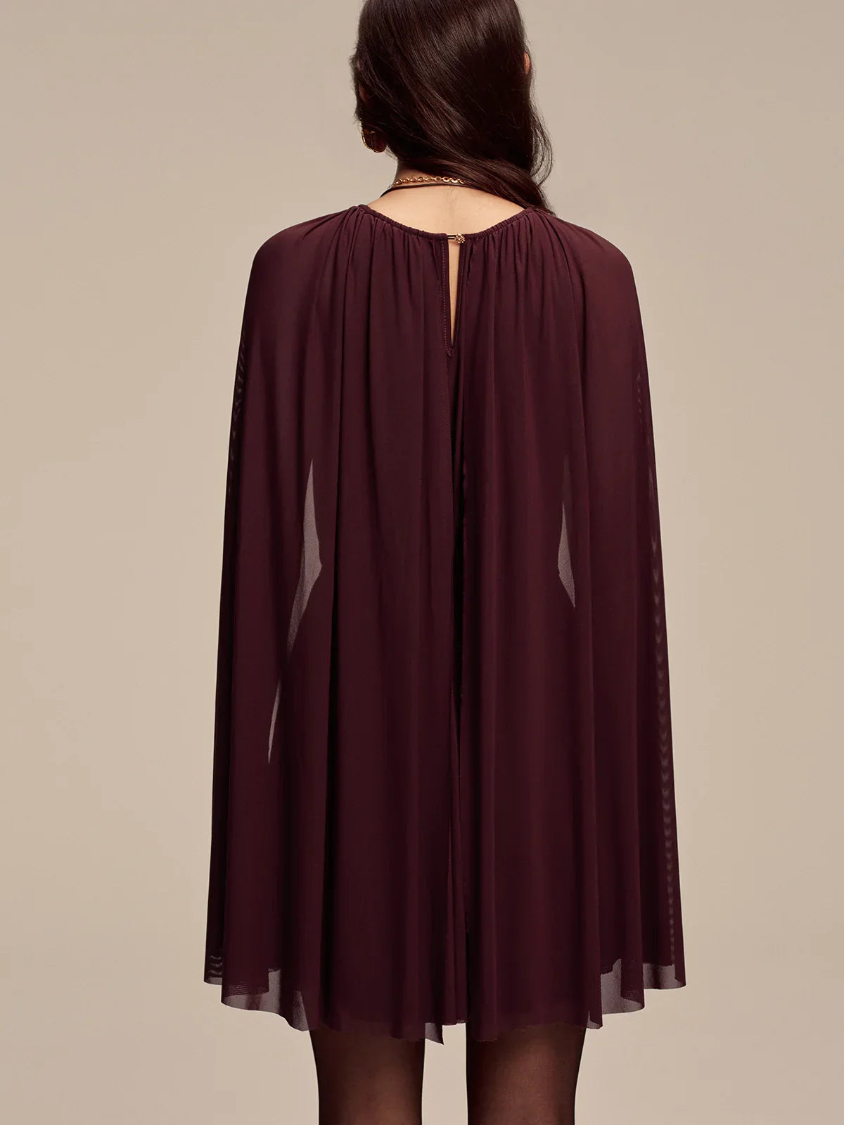 Mesh Cape Sleeve Tie-Waist Mini Dress