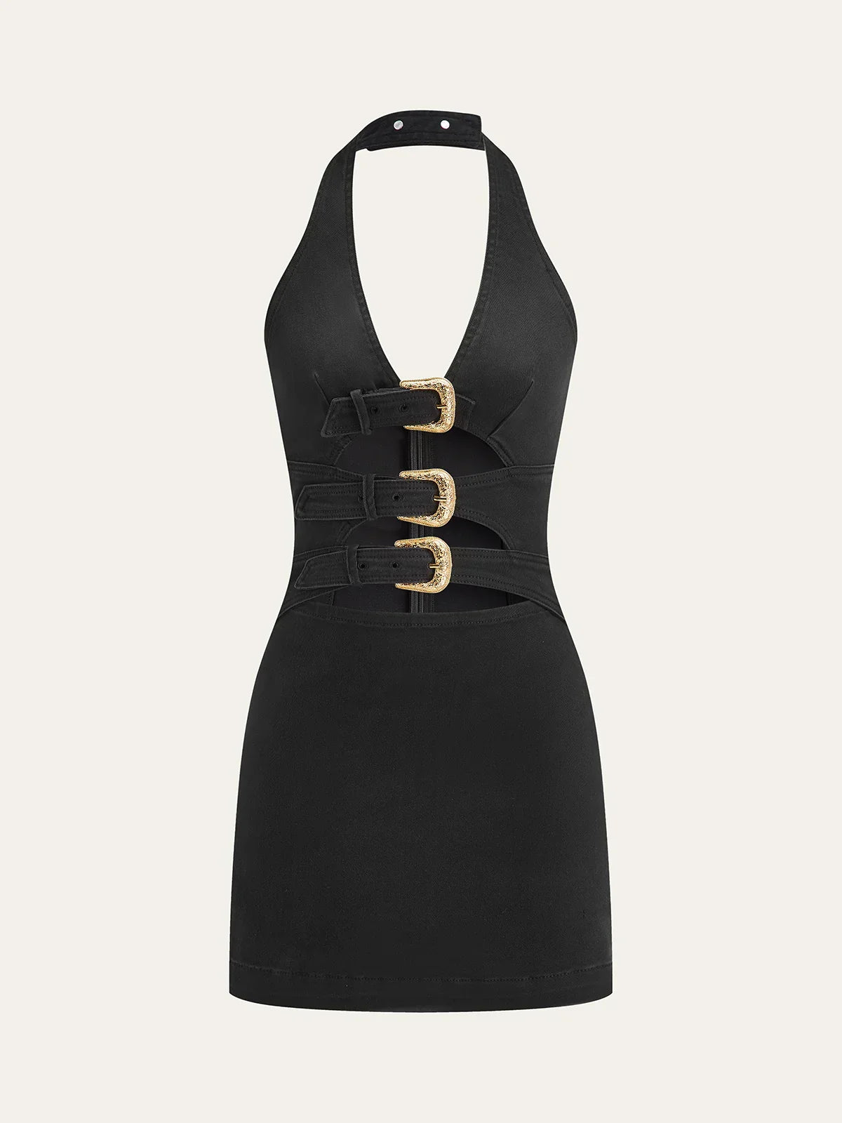 Halter Neck Buckle Detail Denim Dress