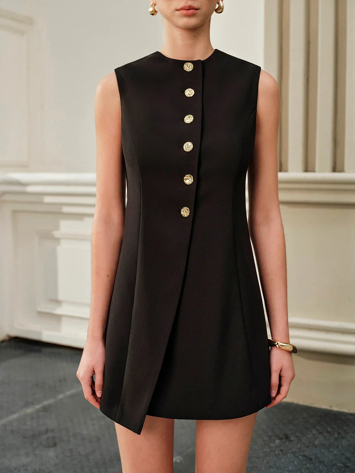 Asymmetrical Tie-Back Metal Button Dress