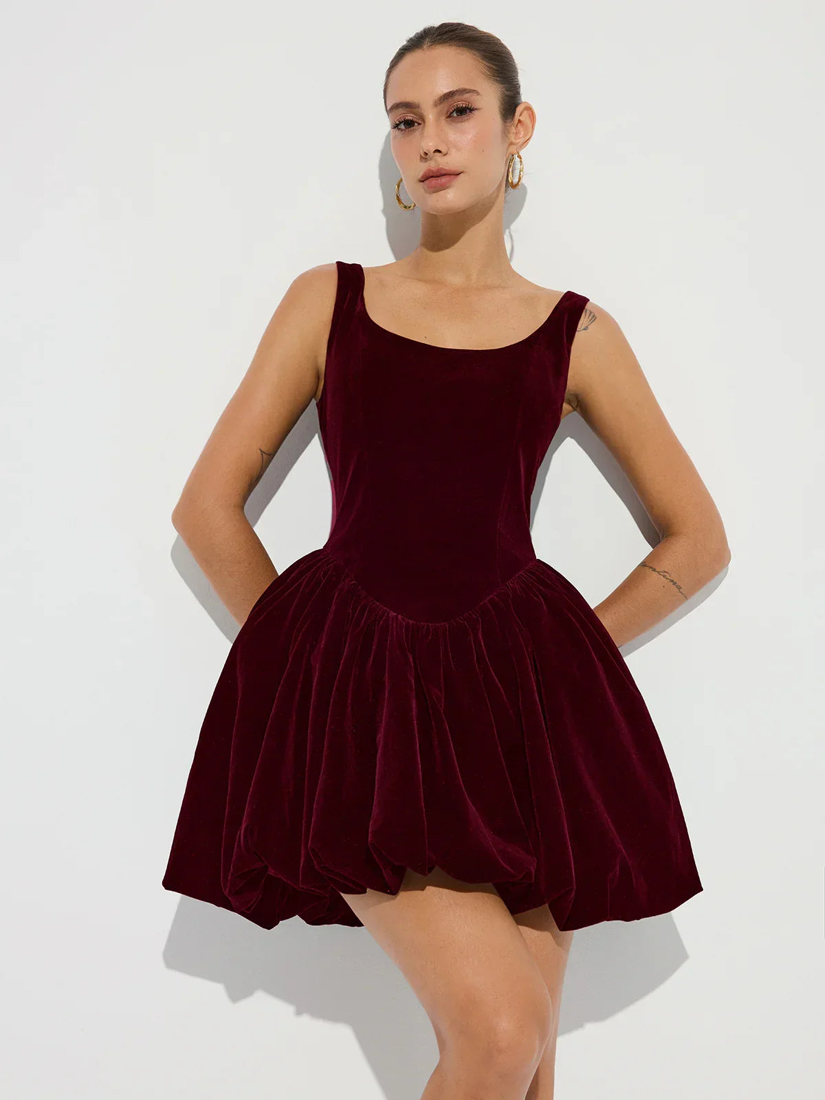 Bubble Hem Velvet Strappy Mini Dress