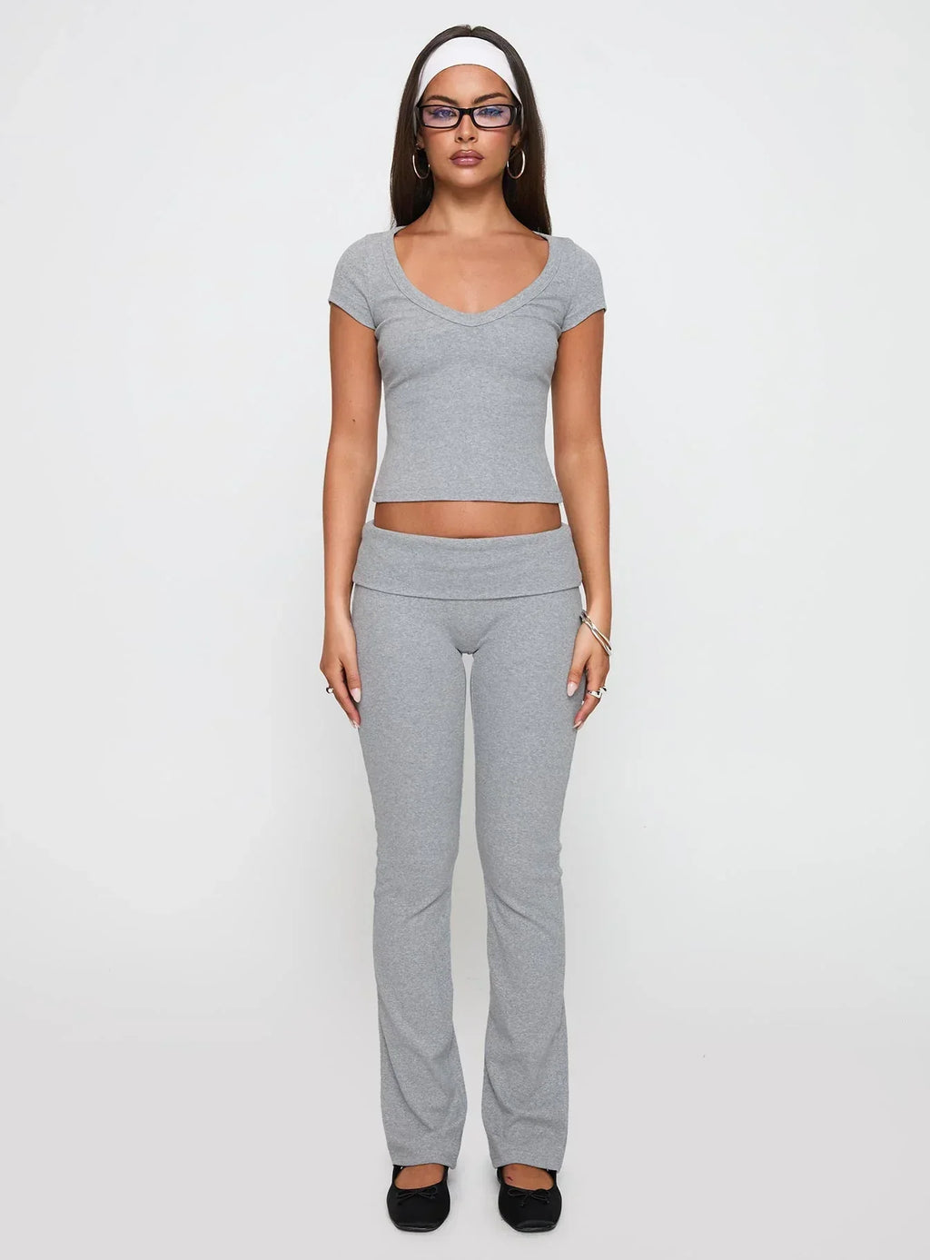 Lovely Day V Neck Top Grey Marle