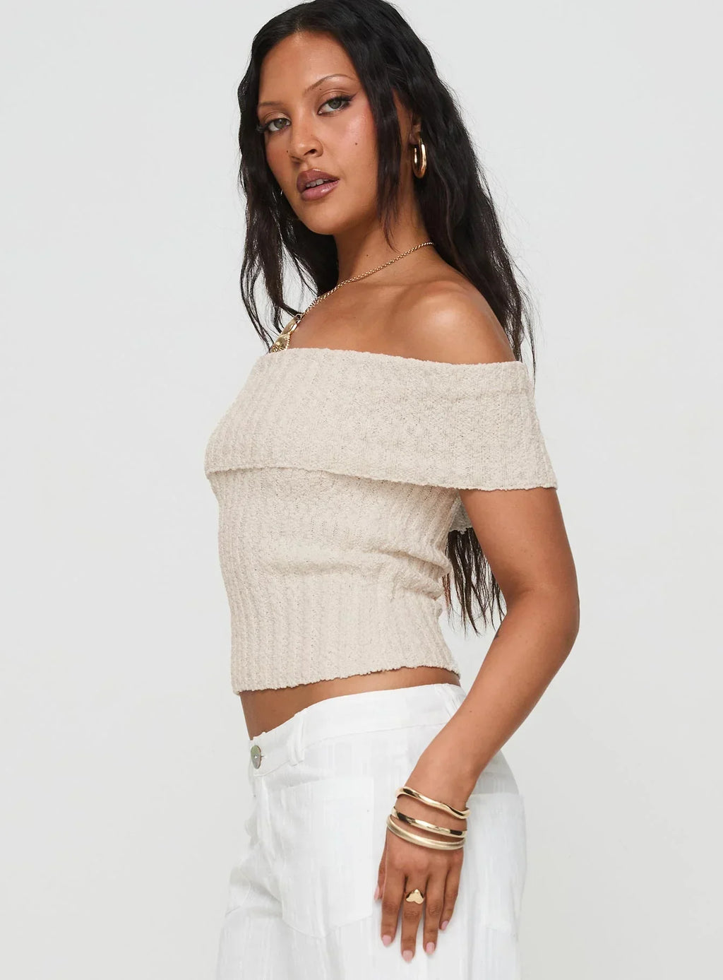 Murmur Off Shoulder Top Beige