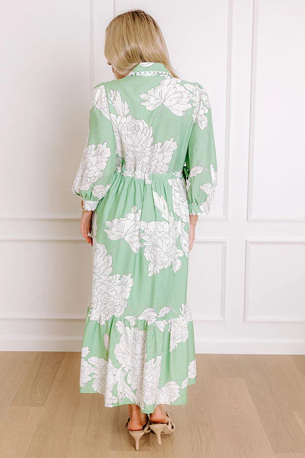 Bistro Bound Floral Midi Dress in Seaglass