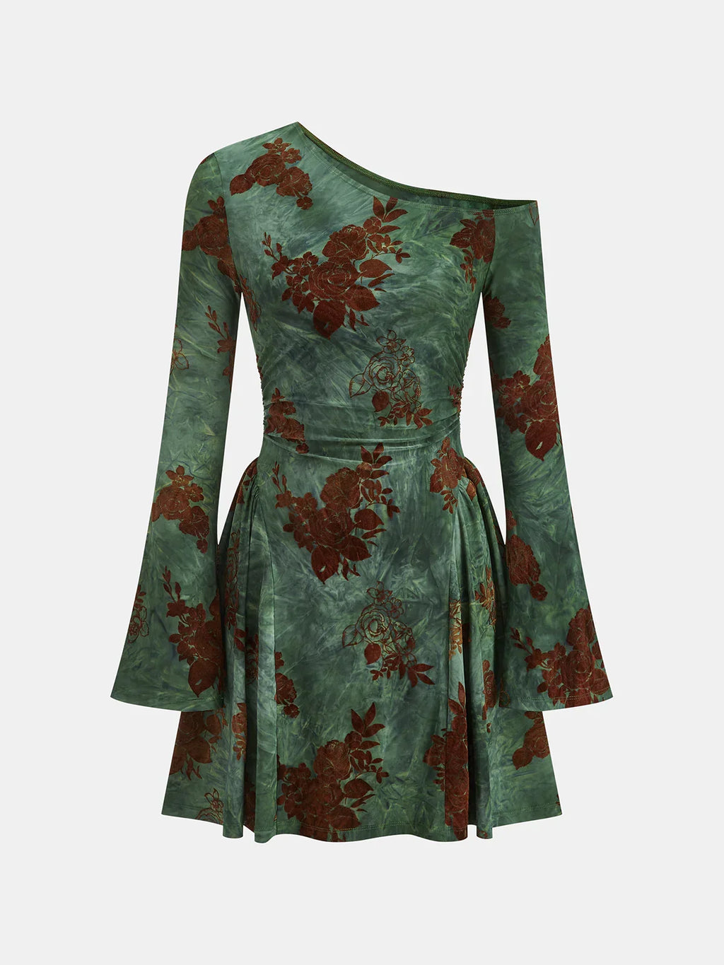 Flocked Floral Print One-Shoulder Mini Dress