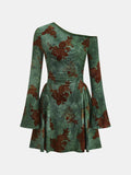 Flocked Floral Print One-Shoulder Mini Dress