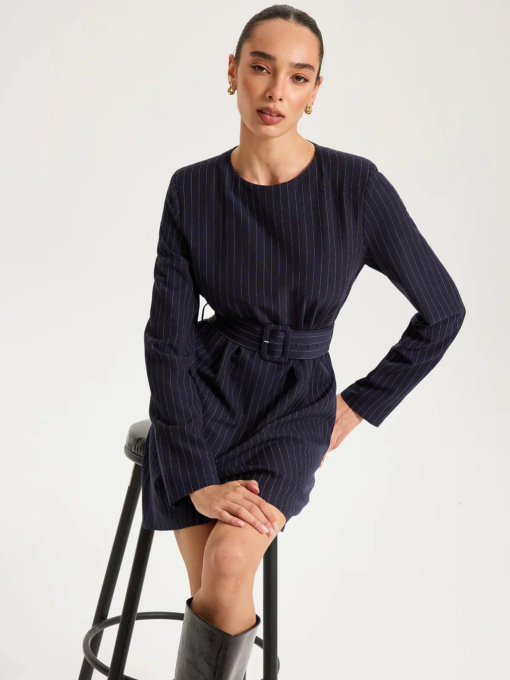 Long Sleeve Pinstripe Belted Mini Dress